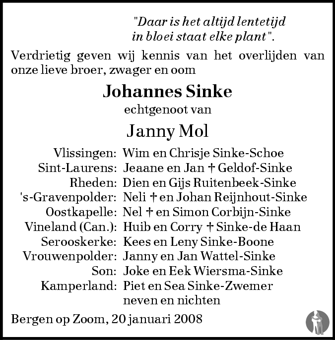 Overlijdensbericht van Johannes Sinke in PZC Provinciale Zeeuwse Courant