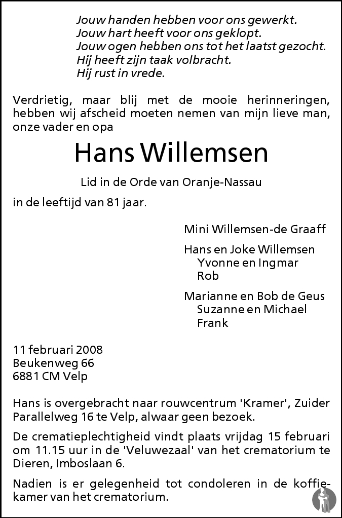 Hans Willemsen 11-02-2008 overlijdensbericht en condoleances ...