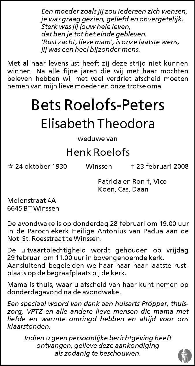 Overlijdensbericht van Elisabeth Theodora (Bets) Roelofs - Peters in de Gelderlander