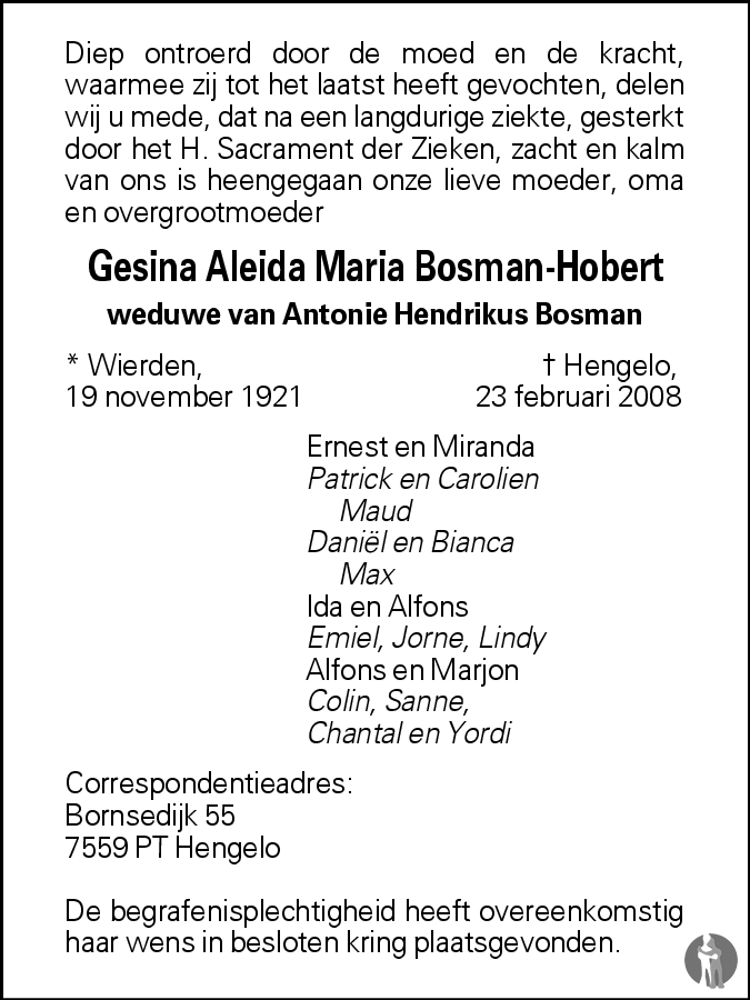 Overlijdensbericht van Gesina Aleida Maria Bosman - Hobert in Tubantia