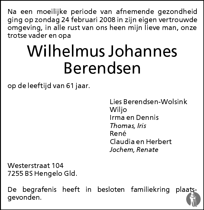 Wilhelmus Johannes Berendsen 24-02-2008 Overlijdensbericht En ...