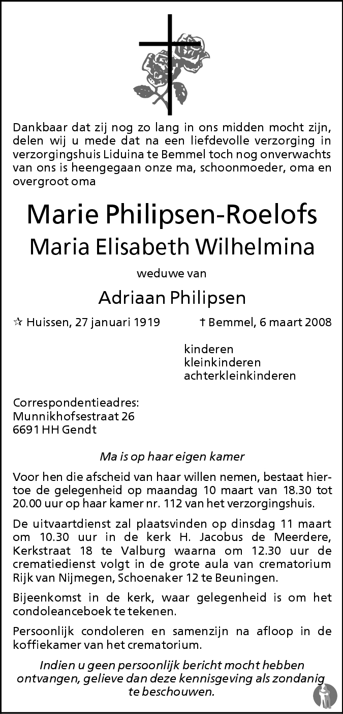 Overlijdensbericht van Maria Elisabeth Wilhelmina (Marie) Philipsen - Roelofs in de Gelderlander
