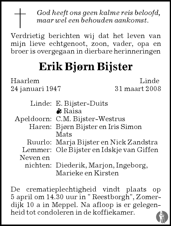 Erik Bjorn Bijster 31032008 overlijdensbericht en condoleances