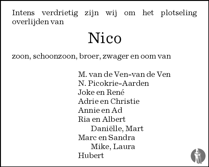 Overlijdensbericht van Nico van de Ven in Brabants Dagblad