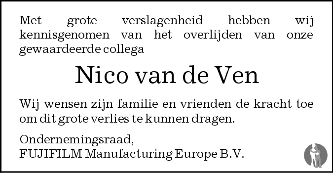 Overlijdensbericht van Nico van de Ven in Brabants Dagblad