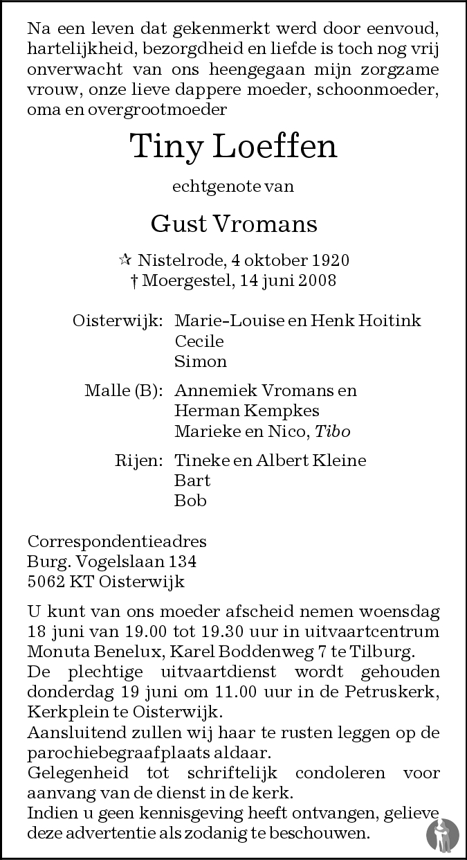 Overlijdensbericht van Tiny  Vromans - Loeffen in Brabants Dagblad