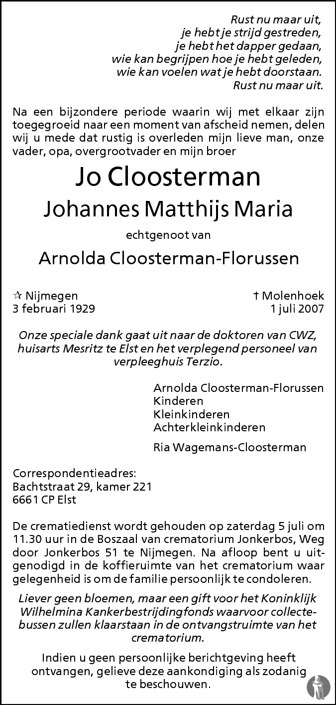 Johannes Matthijs Maria (Jo) Cloosterman ✝ 01-07-2008 overlijdensbericht en  condoleances - Mensenlinq.nl