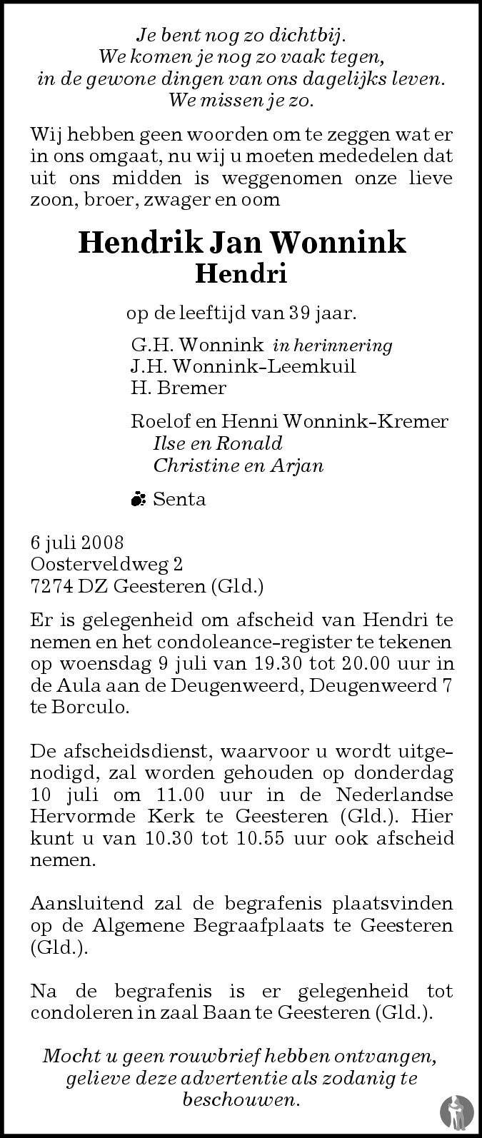 Hendrik Jan (Hendri) Wonnink 06072008 overlijdensbericht en