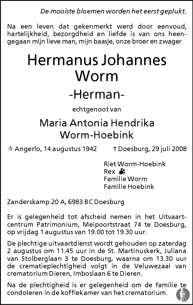 Hermanus Johannes Herman Worm 29 07 2008 Overlijdensbericht En