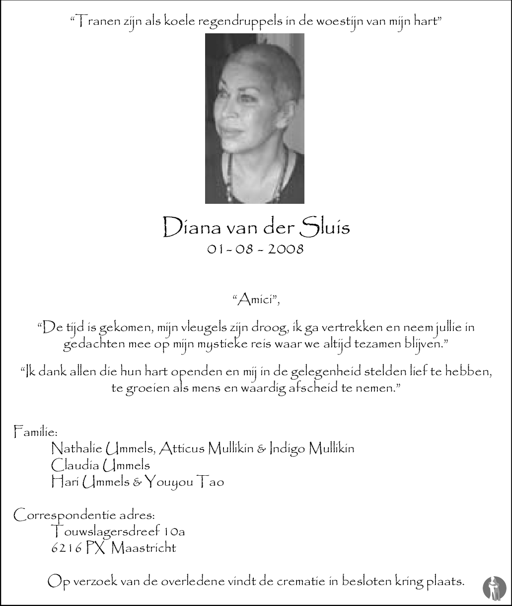 Diana Van Der Sluis 01 08 2008 Overlijdensbericht En Condoleances Mensenlinqnl 