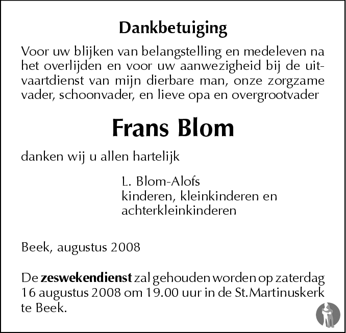 Frans Blom 04072008 overlijdensbericht en condoleances Mensenlinq.nl