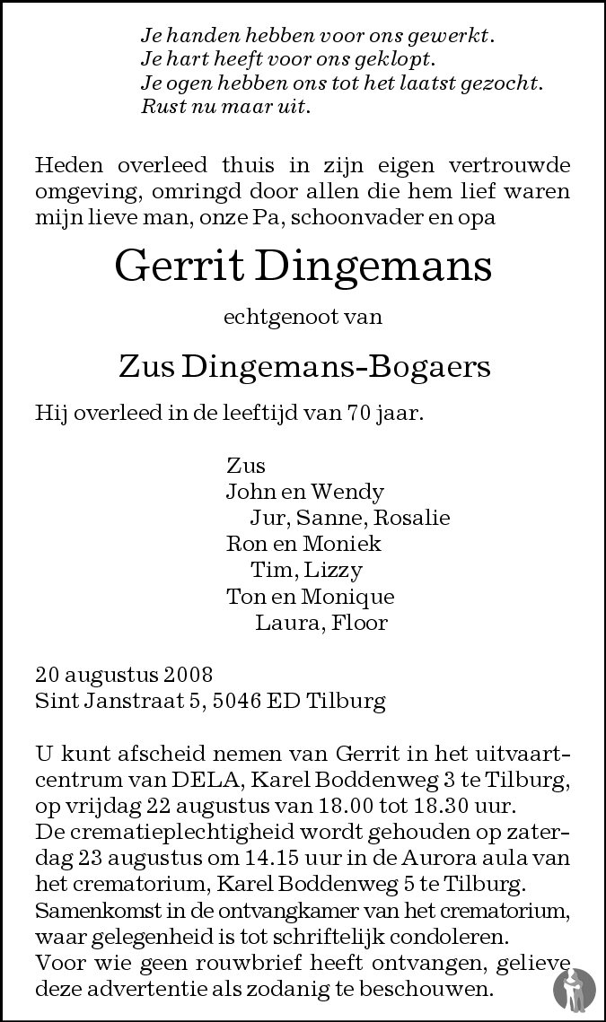 Gerrit Dingemans 20-08-2008 overlijdensbericht en condoleances ...