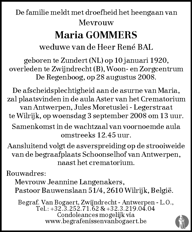 Maria Bal Gommers 28082008 overlijdensbericht en condoleances