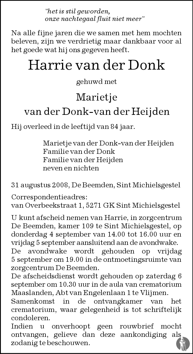 Harrie Van Der Donk Overlijdensbericht En Condoleances My Xxx Hot Girl