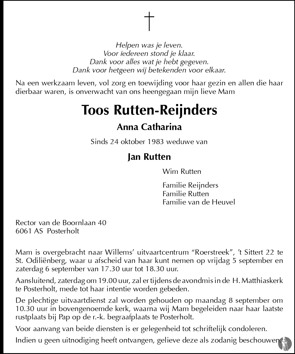 Anna Catharina (Toos) Rutten - Reijnders 04-09-2008 overlijdensbericht ...