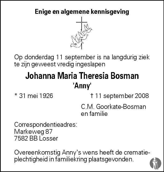 Overlijdensbericht van Johanna Maria Theresia (Anny)  Bosman in Tubantia