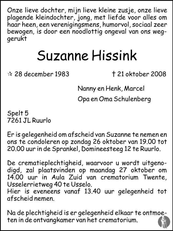 Suzanne Hissink 21-10-2008 overlijdensbericht en condoleances ...