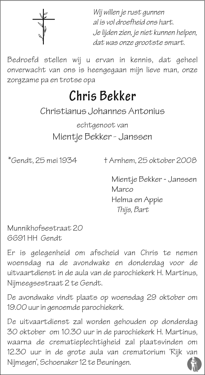 Christianus Johannes Antonius (Chris) Bekker 25-10-2008 ...