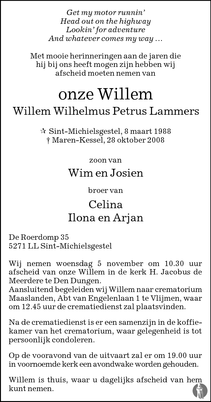 Willem Wilhelmus Petrus Lammers 28-10-2008 overlijdensbericht en ...