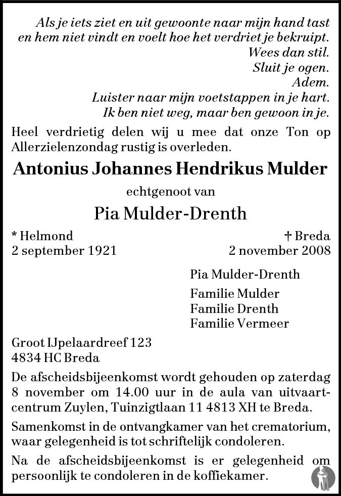 Antonius Johannes Hendrikus Mulder Overlijdensbericht En Condoleances Mensenlinq Nl