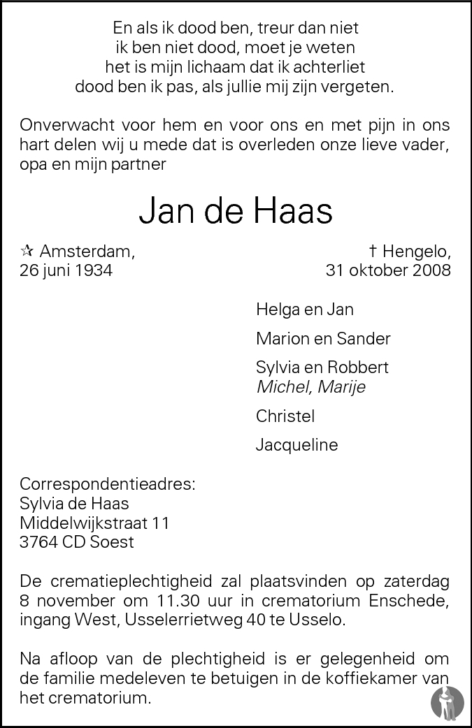 Jan De Haas Overlijdensbericht En Condoleances Mensenlinq Nl