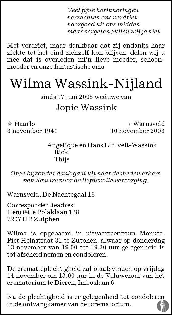 Wilma Wassink Nijland 10 11 2008 Overlijdensbericht En Condoleances Mensenlinq Nl