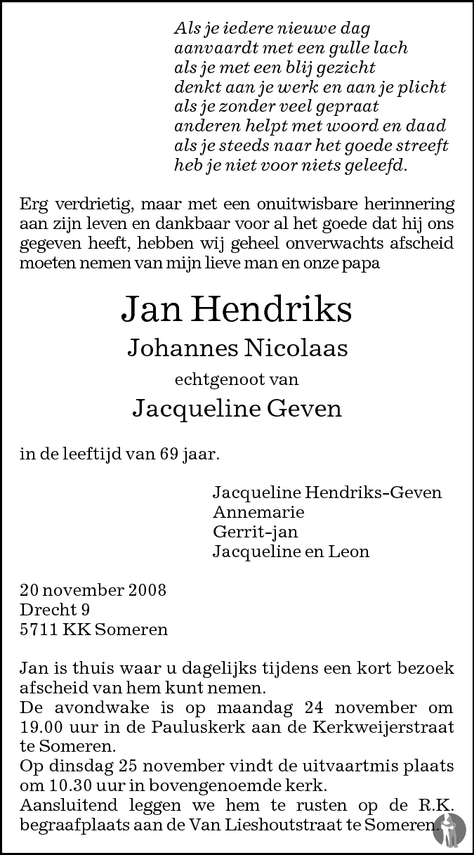 Overlijdensbericht van Johannes Nicolaas (Jan) Hendriks in Eindhovens Dagblad