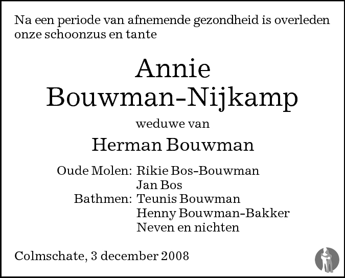 Annie Bouwman Nijkamp Overlijdensbericht En Condoleances Mensenlinq Nl