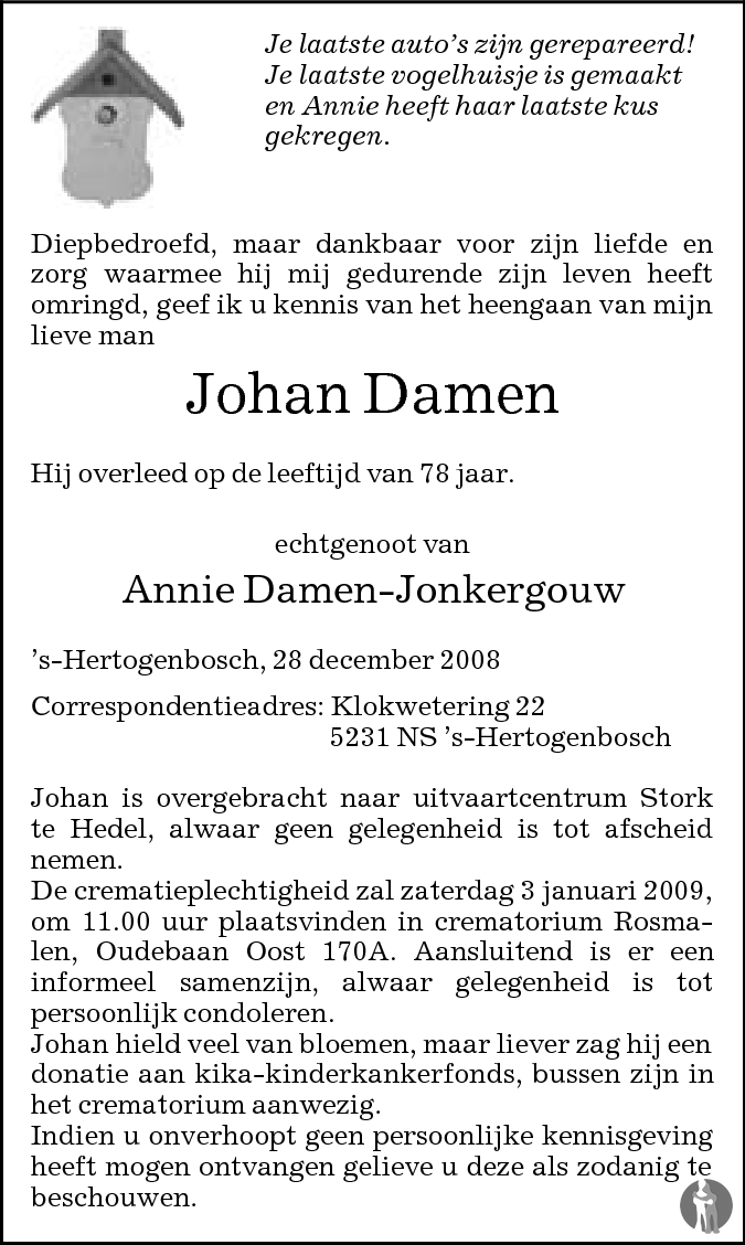 Johan Damen 28-12-2008 overlijdensbericht en condoleances - Mensenlinq.nl