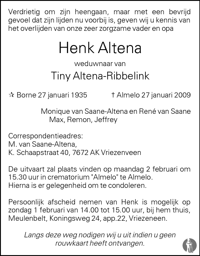 Henk Altena Overlijdensbericht En Condoleances Mensenlinq Nl