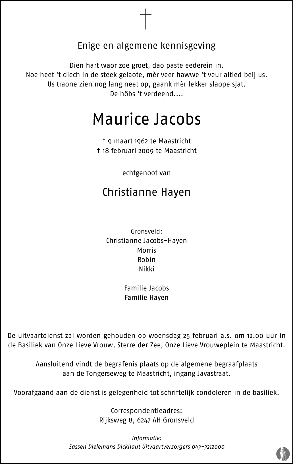 Maurice Jacobs 18022009 overlijdensbericht en condoleances