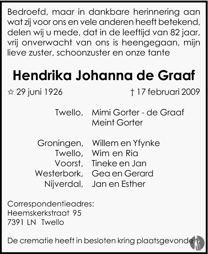 Hendrika Johanna De Graaf 17 02 2009 Overlijdensbericht En Condoleances 