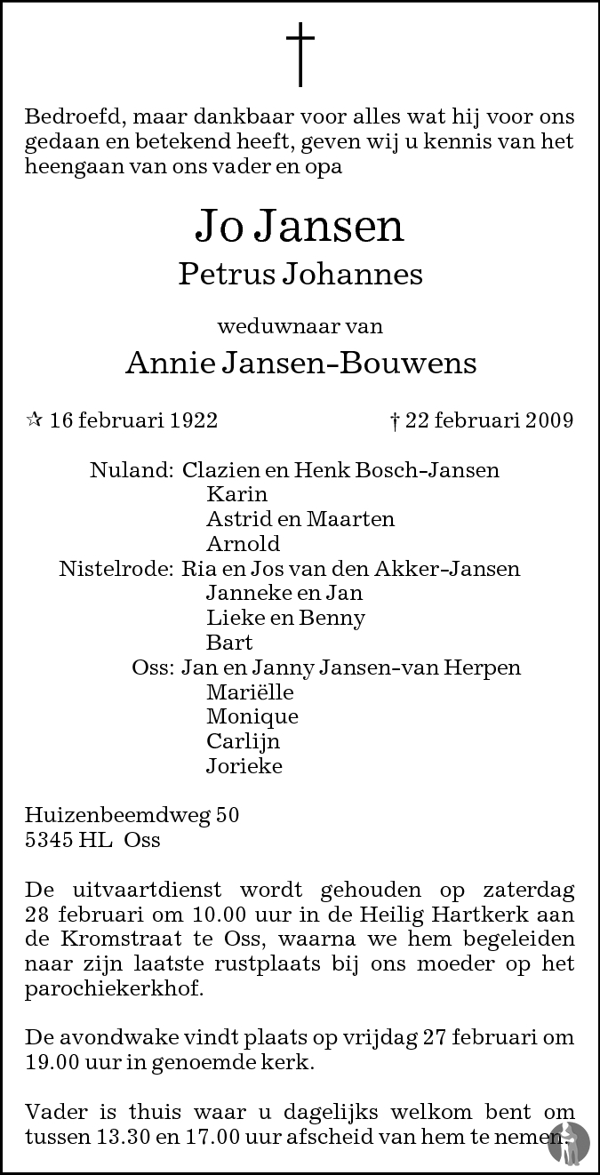 Petrus Johannes (Jo) Jansen 22-02-2009 overlijdensbericht en ...