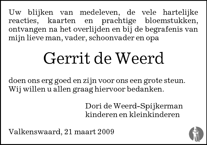 Gerrit De Weerd Overlijdensbericht En Condoleances Mensenlinq Nl