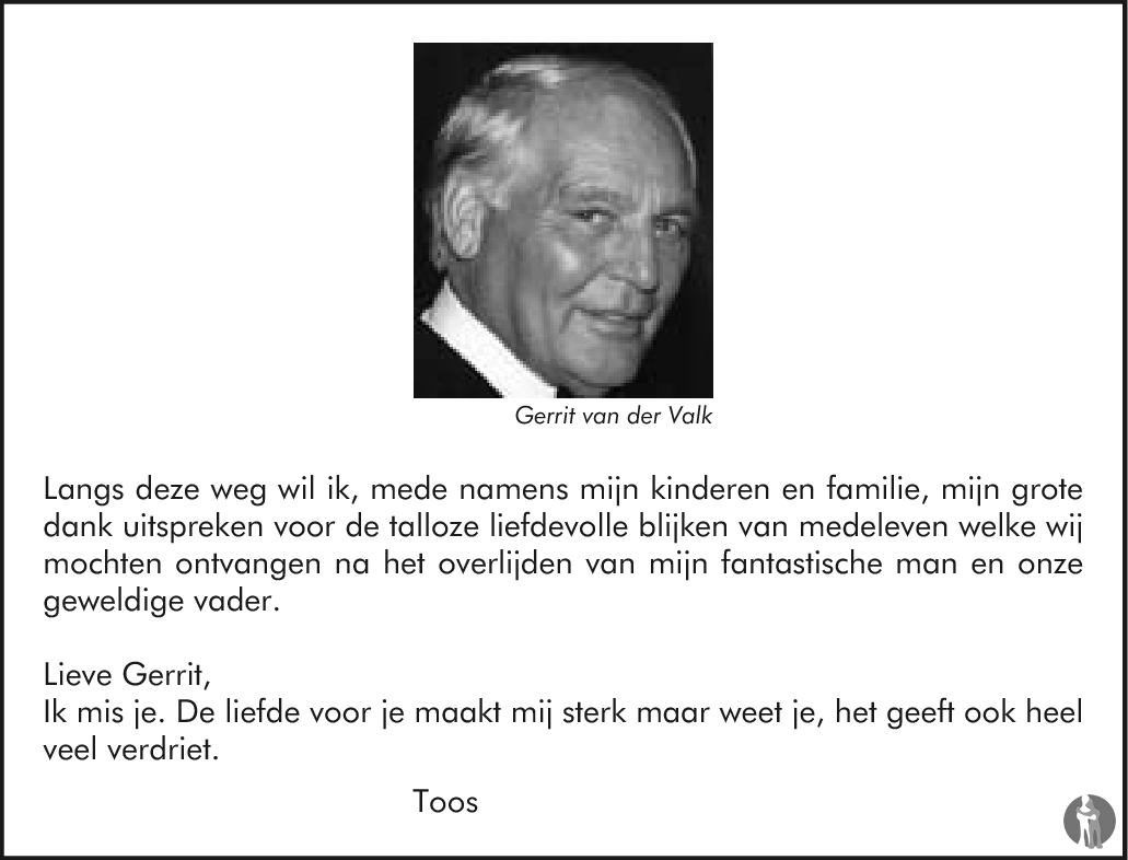 Gerardus Antonius (Gerrit) van der Valk 20-01-2009 overlijdensbericht