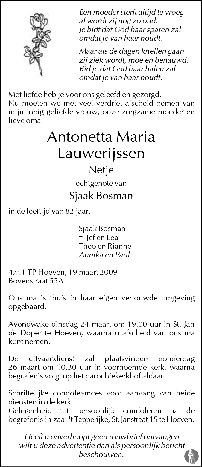 Overlijdensbericht van Antonetta Maria (Netje) Bosman - Lauwerijssen in BN DeStem