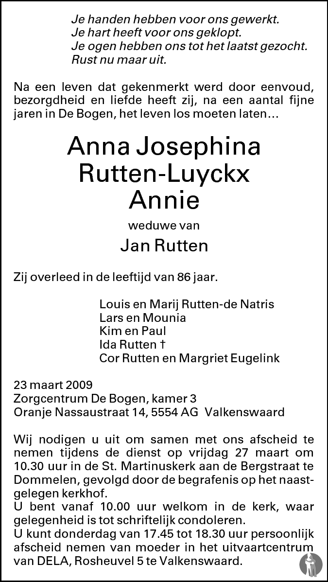 Anna Josephina (Annie) Rutten - Luyckx 23-03-2009 overlijdensbericht en ...