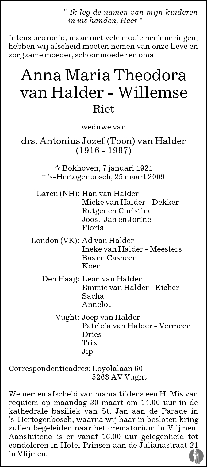 Overlijdensbericht van Anna Maria Theodora (Riet) van Halder - Willemse in Brabants Dagblad