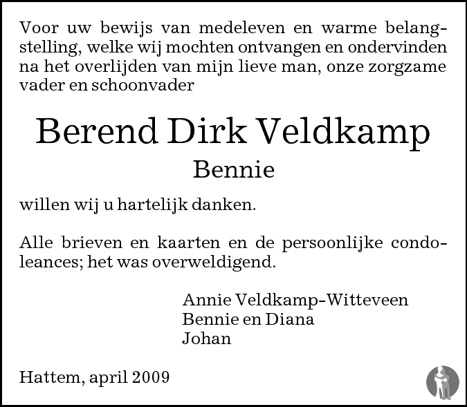 Berend Dirk (Bennie) Veldkamp 18-02-2009 overlijdensbericht en ...