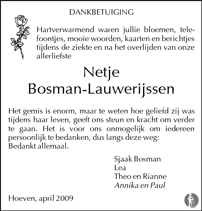 Overlijdensbericht van Antonetta Maria (Netje) Bosman - Lauwerijssen in BN DeStem