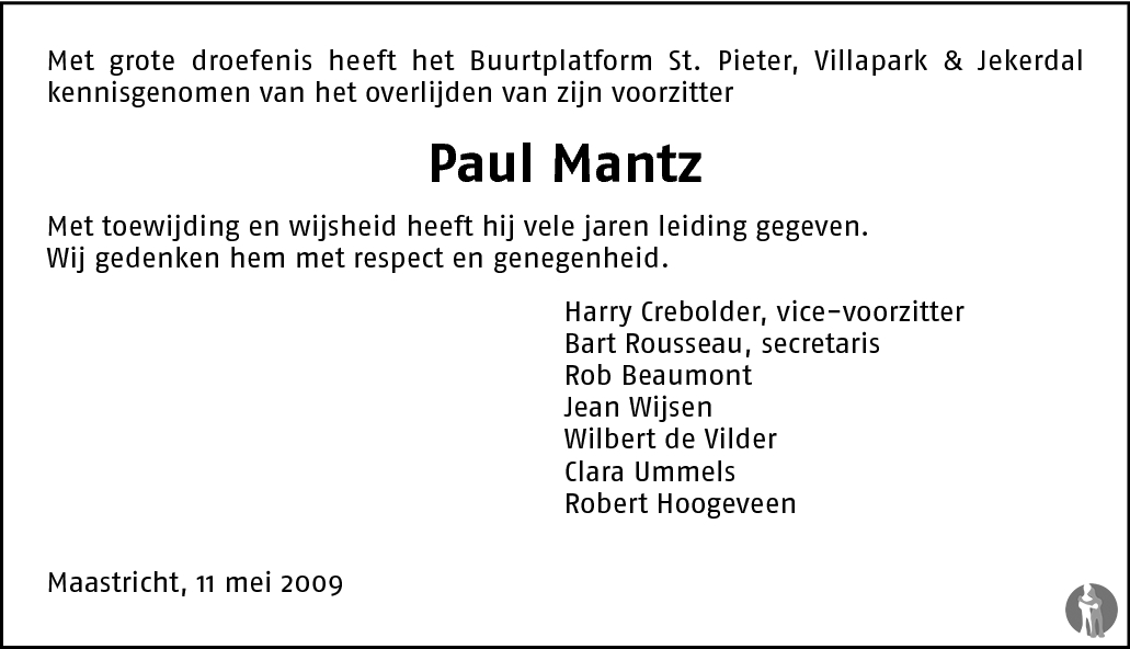 Paul Herbert Mantz 10052009 overlijdensbericht en condoleances