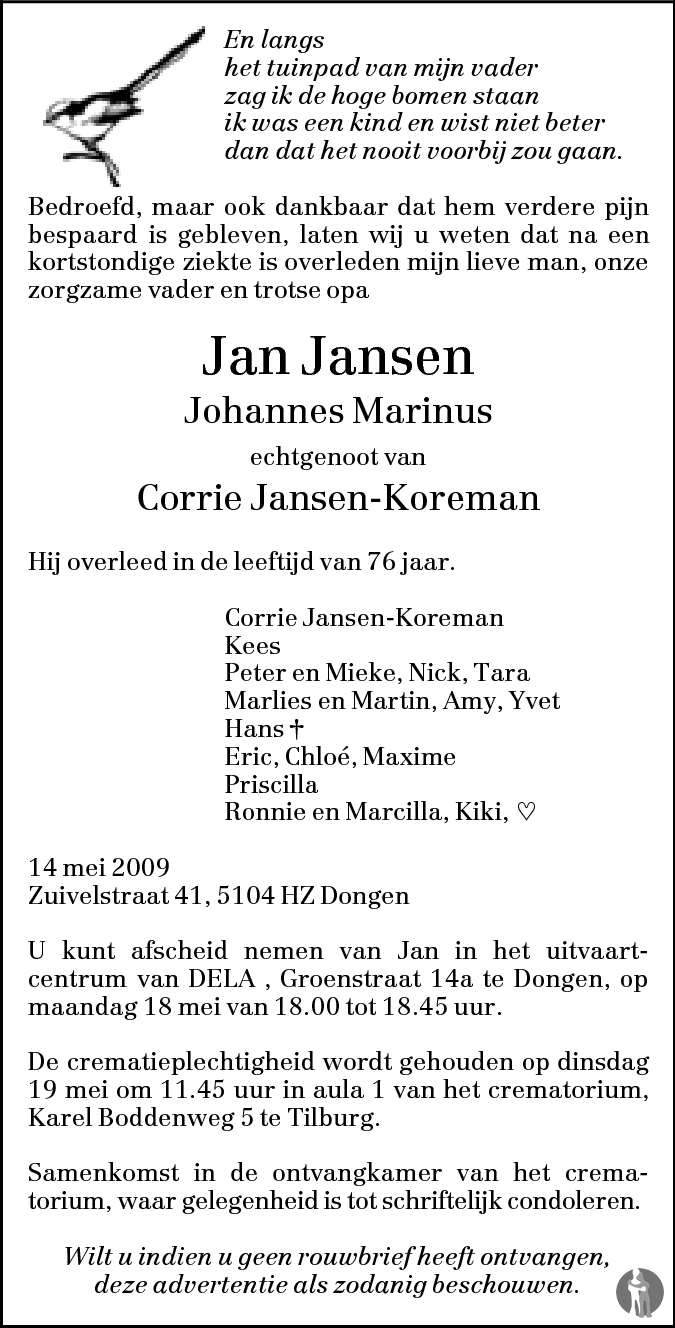 Johannes Marinus (Jan) Jansen 14-05-2009 overlijdensbericht en ...