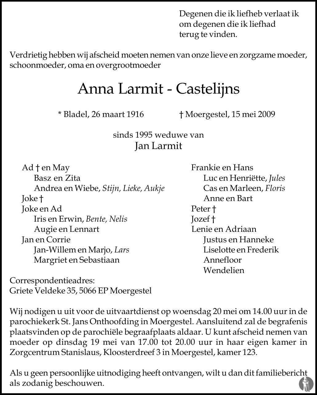 Overlijdensbericht van Anna Larmit - Castelijns in Brabants Dagblad