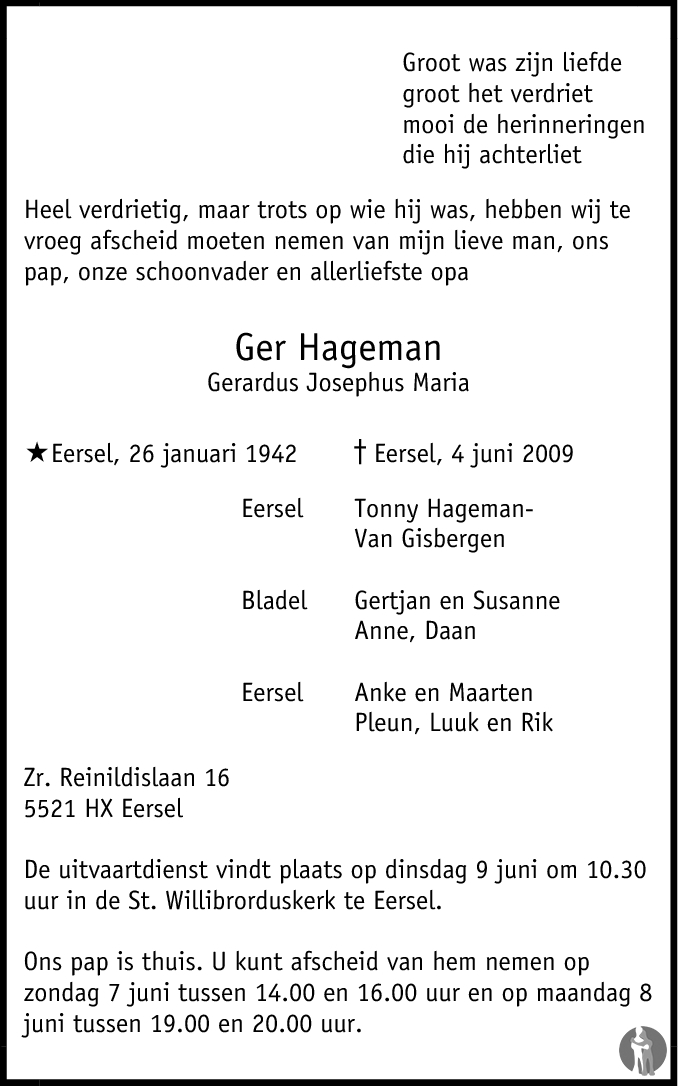 Gerardus Josephus Maria (Ger) Hageman 04-06-2009 overlijdensbericht en ...