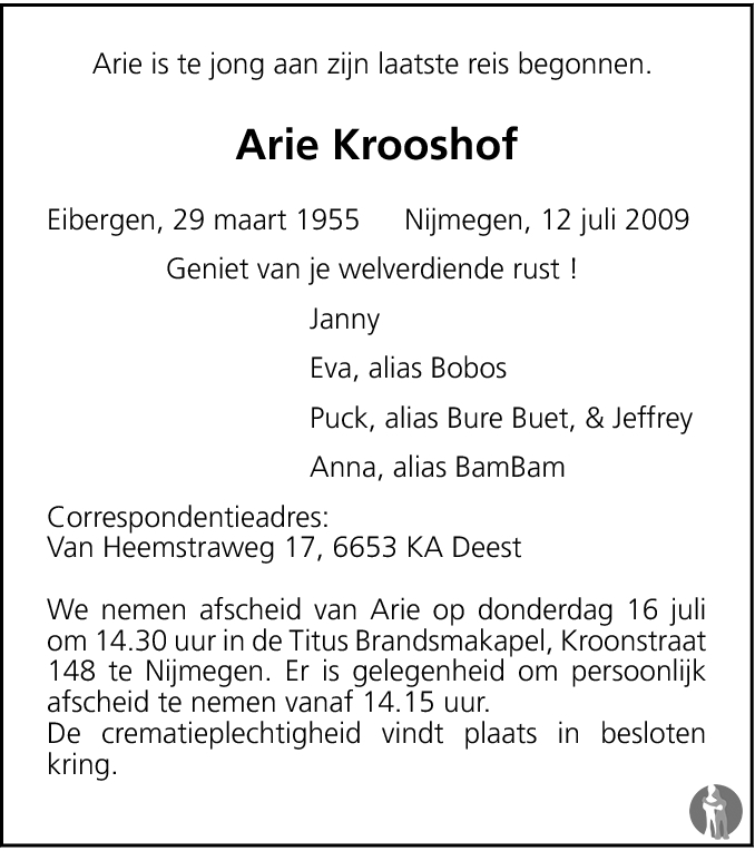 Arie Krooshof 12072009 overlijdensbericht en condoleances Mensenlinq.nl