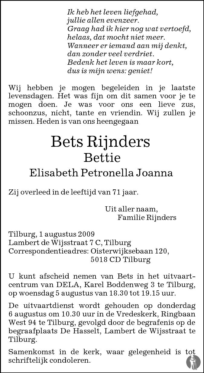 Overlijdensbericht van Bettie Elisabeth Petronella Joanna (Bets) Rijnders in Brabants Dagblad