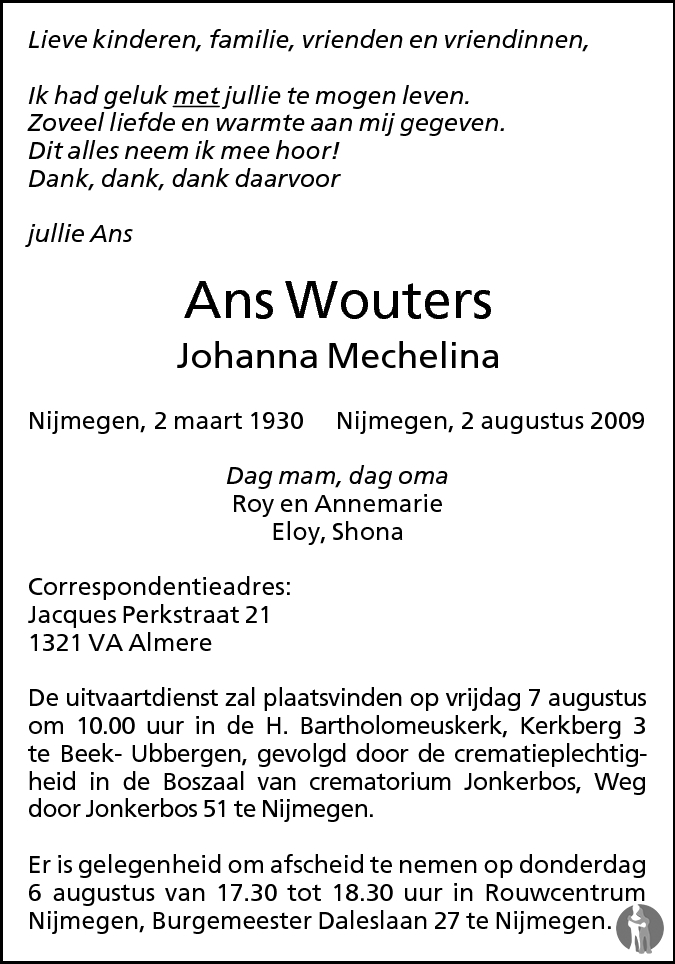 Johanna Mechelina (Ans) Wouters 02-08-2009 overlijdensbericht en ...