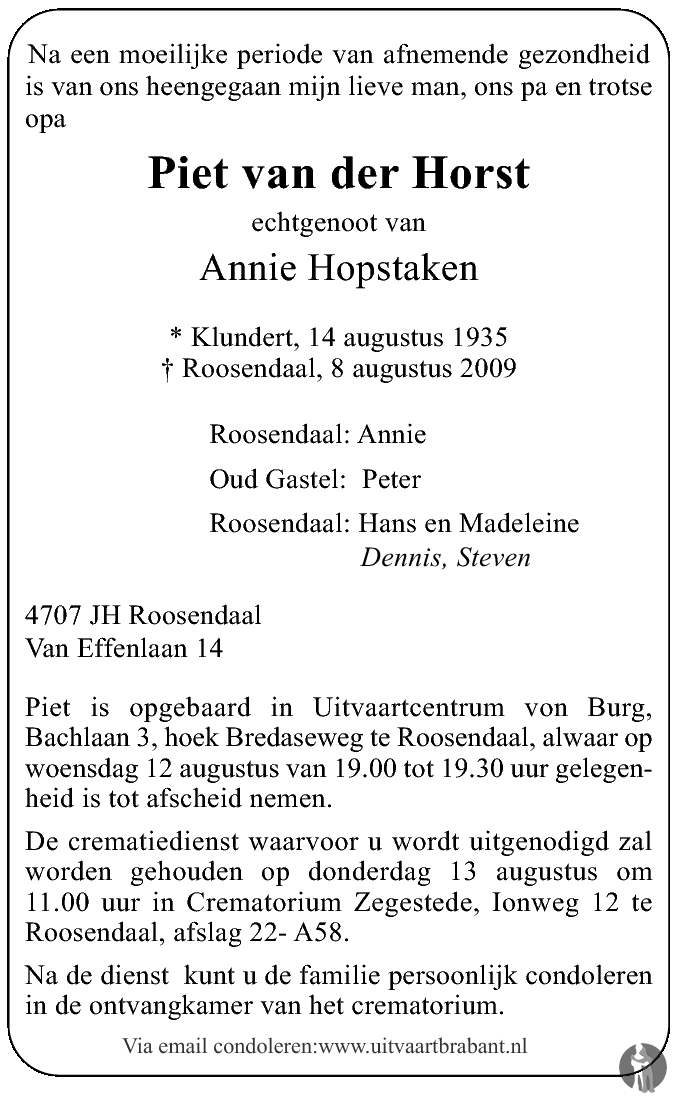 Piet van der Horst 08082009 overlijdensbericht en condoleances