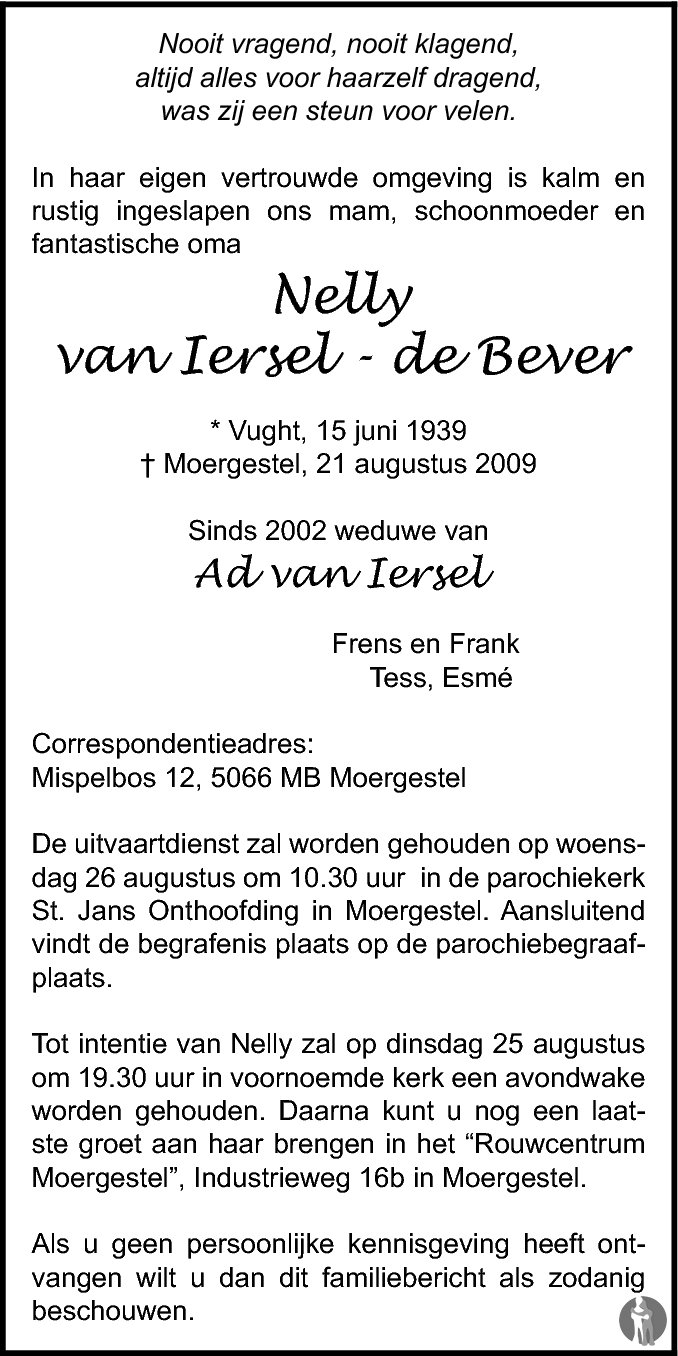 Overlijdensbericht van Nelly van Iersel - de Bever in Brabants Dagblad