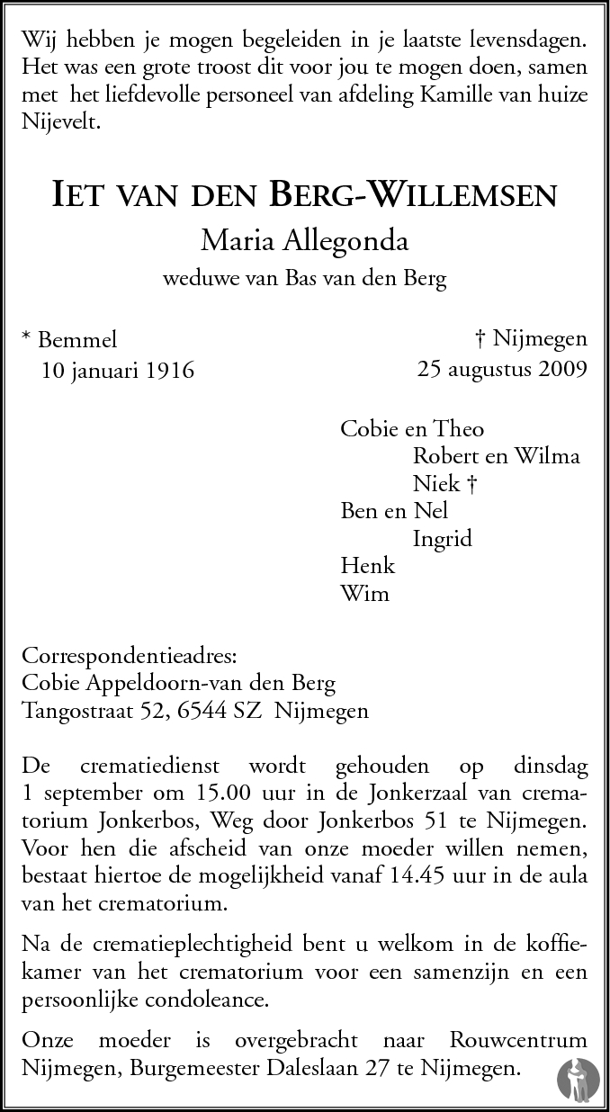 Maria Allegonda (Iet) van den Berg Willemsen 25082009 overlijdensbericht en condoleances